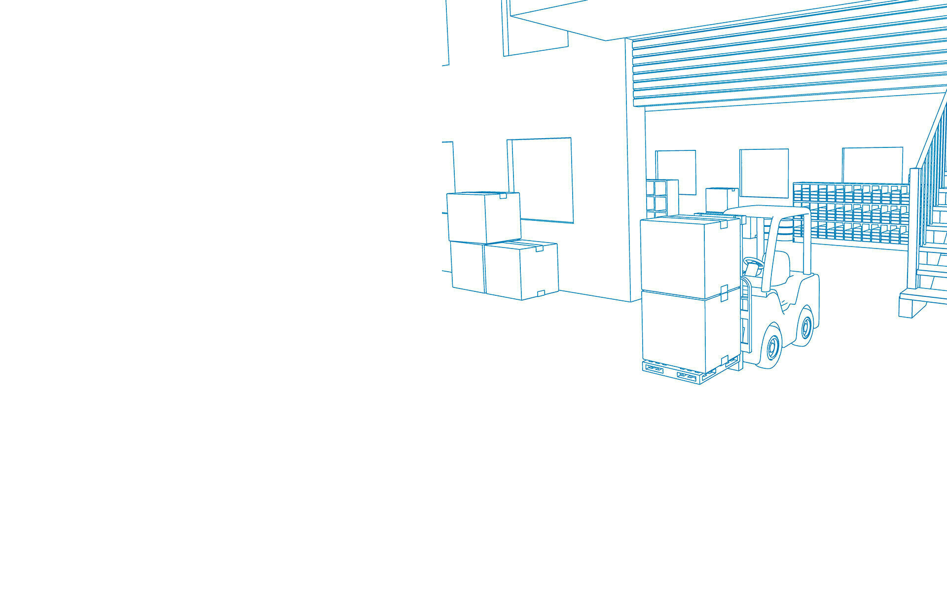Sketch of warehouse with boxes and forklift