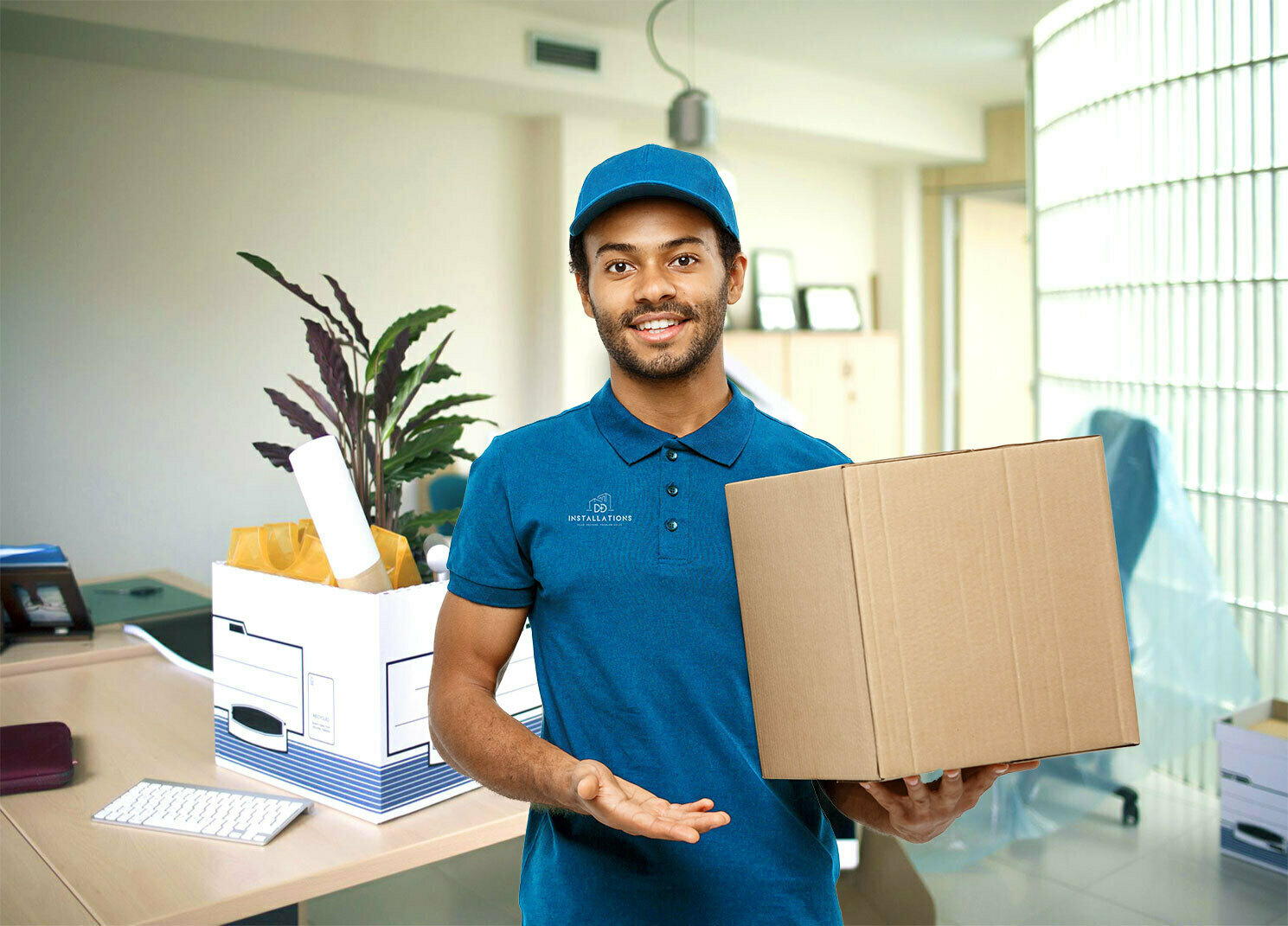 African American delivery man holding package in an office