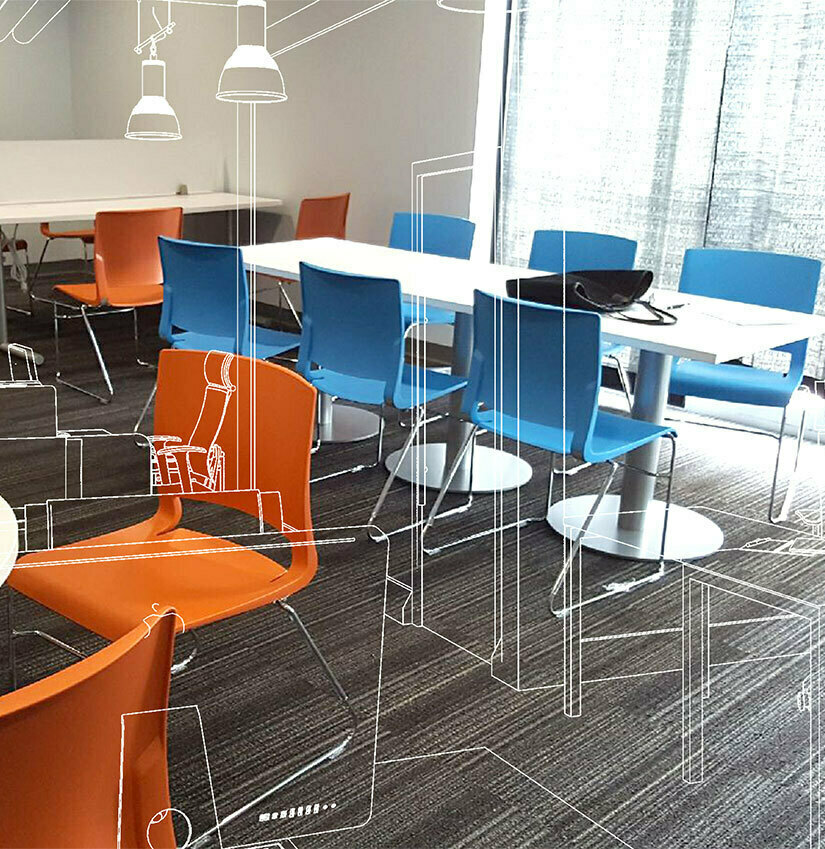 Conference room with orange and blue chairs with overlay of sketched office plans in white