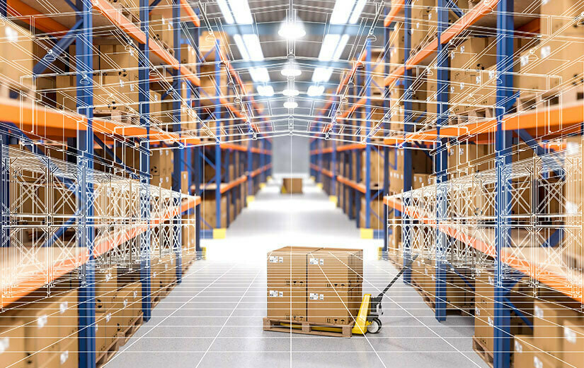 Aisle in a warehouse with a box on a crate in the middle and sketch overlay in white